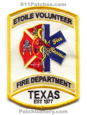 Etoile Volunteer Fire Department Patch (Texas)
Scan By: PatchGallery.com
Keywords: vol. dept. rescue ems est 1977