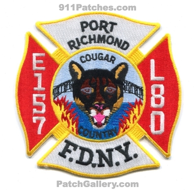 New York City Fire Department FDNY Engine 157 Ladder 80 Patch (New York)
Scan By: PatchGallery.com
Keywords: of dept. f.d.n.y. company co. station port richmond cougar country e157 l80
