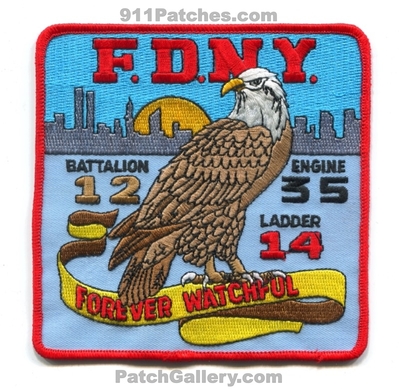 New York City Fire Department FDNY Engine 35 Ladder 14 Battalion 12 Patch (New York)
Scan By: PatchGallery.com
Keywords: of dept. f.d.n.y. company co. station forever watchful bald eagle chief