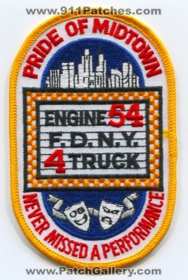 New York City Fire Department FDNY Engine 54 Truck 4 Patch (New York)
Scan By: PatchGallery.com
Keywords: of dept. f.d.n.y. company co. station pride of midtown never missed a performance