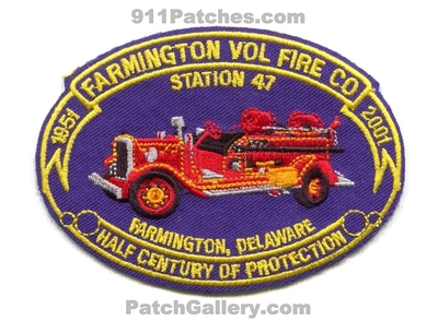 Farmington Volunteer Fire Company Station 47 Patch (Delaware)
Scan By: PatchGallery.com
Keywords: vol. co. department dept. 1951 2001 half century of protection