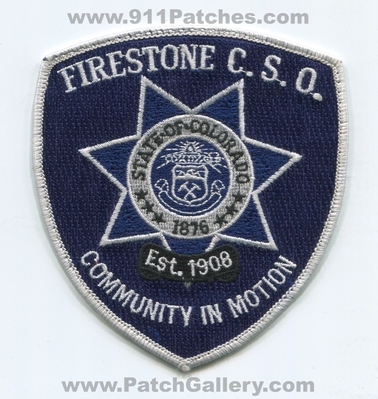Firestone Police Department CSO Patch (Colorado)
Scan By: PatchGallery.com
Keywords: dept. c.s.o. est. 1908 community in motion state of 1876