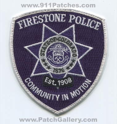 Firestone Police Department Patch (Colorado)
Scan By: PatchGallery.com
Keywords: dept. est. 1908 community in motion state of 1876