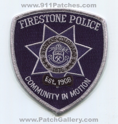 Firestone Police Department Patch (Colorado)
Scan By: PatchGallery.com
Keywords: dept. est. 1908 community in motion state of 1876