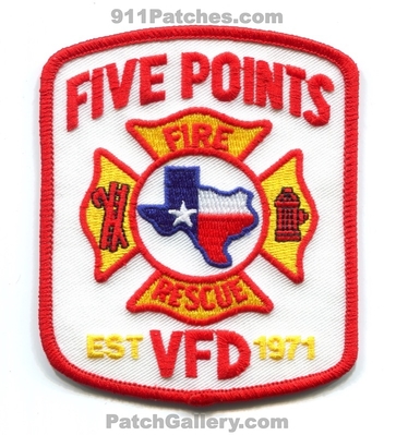Five Points Volunteer Fire Rescue Department Patch (Texas)
Scan By: PatchGallery.com
Keywords: 5 dept. vol. vfd est 1971