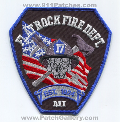 Flat Rock Fire Department 17 Patch (Michigan)
Scan By: PatchGallery.com
Keywords: dept. est. 1924 skull american flag