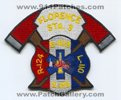 Florence Fire Department Station 3 Patch (Kentucky)
Scan By: PatchGallery.com
Keywords: dept. sta. company co. e-103 engine 103 r-124 rescue 124 l-110 ladder 110 s-115