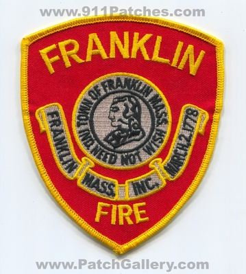 Franklin Fire Department Patch (Massachusetts)
Scan By: PatchGallery.com
Keywords: town of dept. mass. inc. march 2 1778 ind. need not wish