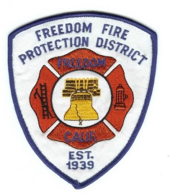 Freedom Fire Protection District
Thanks to PaulsFirePatches.com for this scan.
Keywords: california