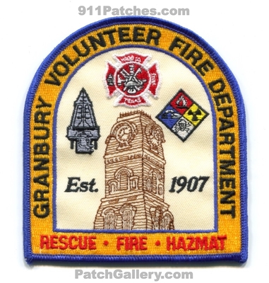 Granbury Volunteer Fire Department Patch (Texas)
Scan By: PatchGallery.com
Keywords: vol. dept. rescue hazmat est. 1907 hood county co.