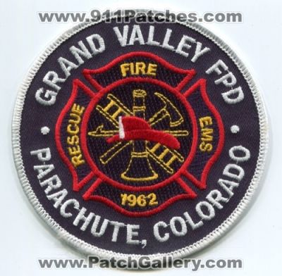 Grand Valley Fire Protection District Patch (Colorado)
[b]Scan From: Our Collection[/b]
Keywords: fpd rescue ems parachute