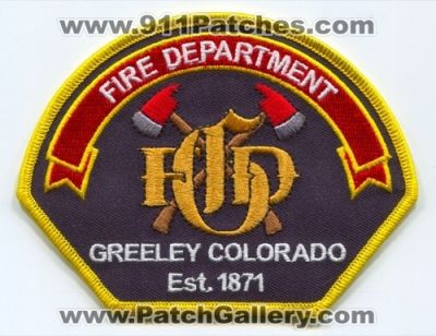 Greeley Fire Department Patch (Colorado)
[b]Scan From: Our Collection[/b]
Keywords: dept. gfd