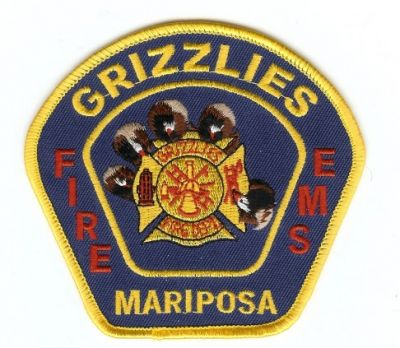 Grizzlies Fire EMS
Thanks to PaulsFirePatches.com for this scan.
Keywords: california mariposa