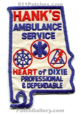 Hanks Ambulance Service EMS Patch (Alabama) (State Shape)
Scan By: PatchGallery.com
Keywords: emergency medical services emt paramedic heart of dixie professional and dependable