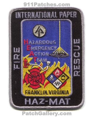 International Paper Fire Rescue Department HazMat HEAT Franklin Patch (Virginia)
Scan By: PatchGallery.com
Keywords: dept. haz-mat hazardous materials emergency action team response team ert