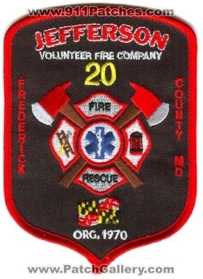 Jefferson Volunteer Fire Company 20 Patch (Maryland)
[b]Scan From: Our Collection[/b]
County: Frederick
Keywords: rescue