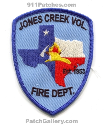 Jones Creek Volunteer Fire Department Patch (Texas)
Scan By: PatchGallery.com
Keywords: vol. dept. est. 1953