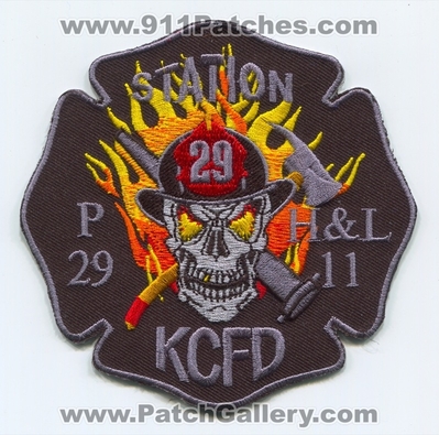 Kansas City Fire Department Station 29 Patch (Missouri)
Scan By: PatchGallery.com
Keywords: KCFD K.C.F.D. Dept. Pumper Engine Hook and Ladder 11 H&L Company Co. Skull