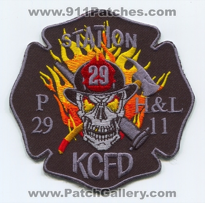Kansas City Fire Department Station 29 Patch (Missouri)
Scan By: PatchGallery.com
Keywords: KCFD K.C.F.D. Dept. Pumper Engine Hook and Ladder 11 H&L Company Co. Skull