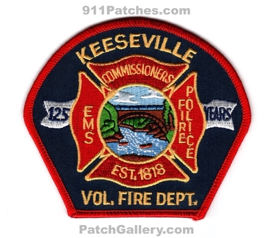 Keeseville Volunteer Fire Department 125 Years Patch (New York)
Scan By: PatchGallery.com
Keywords: vol. dept. police ems commissioners est. 1818
