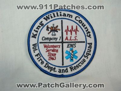 King William County Volunteer Fire Department and Rescue Squad (Virginia)
Thanks to Walts Patches for this picture.
Keywords: vol. dept. company 1 als a.l.s.