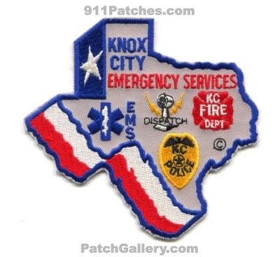 Knox City Emergency Services Fire EMS Police Dispatch Patch (Texas) (State Shape)
Scan By: PatchGallery.com
Keywords: es department dept. dispatcher 911