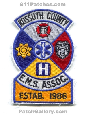 Kossuth County Emergency Medical Services EMS Association Patch (Iowa)
Scan By: PatchGallery.com
Keywords: co. e.m.s. assoc. assn. fire department dept. fd police sheriffs hospital estab. established 1986