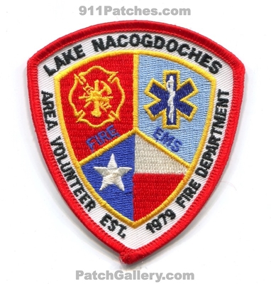 Lake Nacogdoches Area Volunteer Fire Department Patch (Texas)
Scan By: PatchGallery.com
Keywords: vol. dept. ems est. 1979