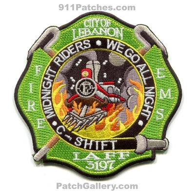 Lebanon Fire Department C Shift Patch (New Hampshire)
Scan By: PatchGallery.com
[b]Patch Made By: 911Patches.com[/b]
Keywords: City of EMS Dept. C-Shift Company Co. Station IAFF I.A.F.F. Local 3197 Union Midnight Riders - We Go All Night - Train