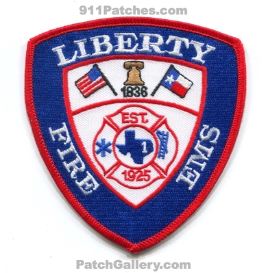 Liberty Fire Department Patch (Texas)
Scan By: PatchGallery.com
Keywords: ems dept. est. 1925 1836
