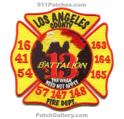 Los Angeles County Fire Department Battalion 13 Patch (California)
Scan By: PatchGallery.com
Keywords: co. of dept. lacofd l.a.co.f.d. company station chief 16 41 54 163 164 165 57 147 148 the weak need not apply