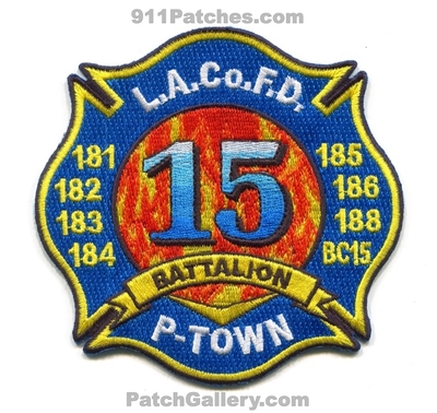 Los Angeles County Fire Department Battalion 15 Patch (California)
Scan By: PatchGallery.com
Keywords: co. of dept. lacofd l.a.co.f.d. company station chief 181 182 183 184 185 186 188 bc15 p-town