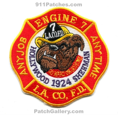 Los Angeles County Fire Department Station 7 Patch (California)
Scan By: PatchGallery.com
Keywords: co. of dept. lacofd l.a.co.f.d. engine company any job anytime hollywood sherman 1924 go hard or home bulldog