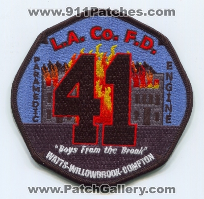 Los Angeles County Fire Department Engine 41 Patch (California)
Scan By: PatchGallery.com
Keywords: lacofd l.a.co.f.d. dept. company co. station paramedic watts willowbrook compton