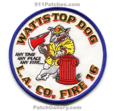 Los Angeles County Fire Department Station 16 Patch (California)
Scan By: PatchGallery.com
Keywords: co. of dept. lacofd l.a.co.f.d. company watts top dog anytime anyplace