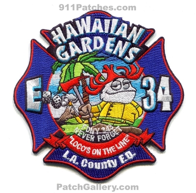 Los Angeles County Fire Department Station 34 Patch (California)
Scan By: PatchGallery.com
Keywords: Co. of Dept. LACoFD L.A.Co.F.D. Engine Company Hawaiian Gardens - "Loco&#039;s on the Line"
