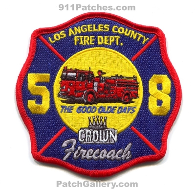 Los Angeles County Fire Department Station 58 Patch (California)
Scan By: PatchGallery.com
Keywords: co. of dept. lacofd l.a.co.f.d. crown firecoach the good olde days