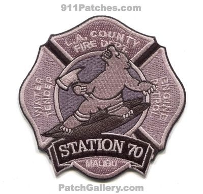 Los Angeles County Fire Department Station 70 Patch (California)
Scan By: PatchGallery.com
[b]Patch Made By: 911Patches.com[/b]
Keywords: Co. Dept. LACoFD L.A.Co.F.D. Engine Patrol Water Tender Company Malibu - Bear on a Surfboard