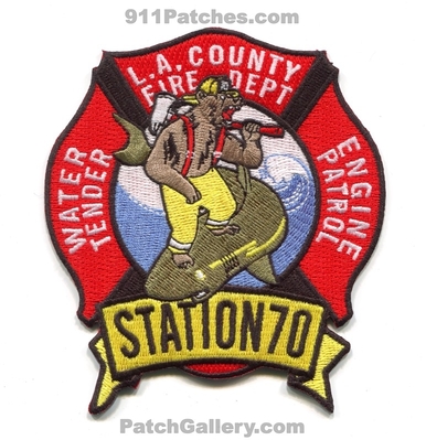 Los Angeles County Fire Department Station 70 Patch (California)
Scan By: PatchGallery.com
[b]Patch Made By: 911Patches.com[/b]
Keywords: Co. Dept. LACoFD L.A.Co.F.D. Engine Patrol Water Tender Company Bear on a Shark