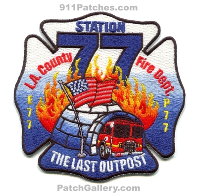 Los Angeles County Fire Department Station 77 Patch (California)
Scan By: PatchGallery.com
Keywords: co. of dept. lacofd l.a.co.f.d. engine patrol e77 p77 the last outpost