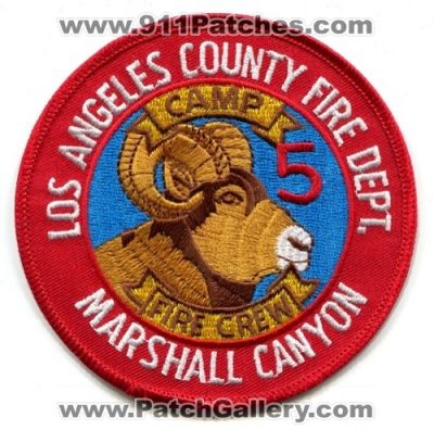 Los Angeles County Fire Department Camp 5 Crew Marshall Canyon Patch (California)
Scan By: PatchGallery.com
Keywords: dept. lacofd l.a.co.f.d. wildland wildfire forest