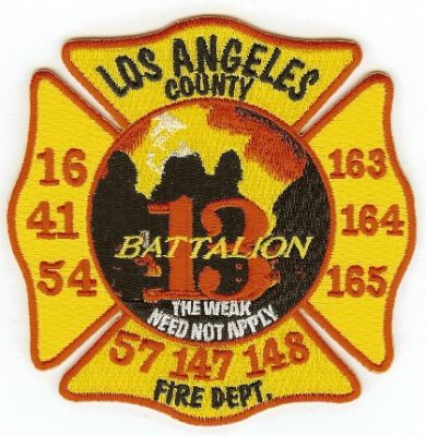 Los Angeles County Fire Battalion 13
Thanks to PaulsFirePatches.com for this scan.
Keywords: california la co fd
