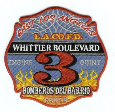 Los Angeles County Fire Station 3
Thanks to PaulsFirePatches.com for this scan.
Keywords: california engine quint squad east bomberos del barrio whittier boulevard la co fd