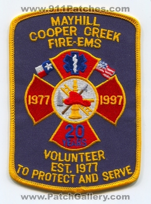Mayhill Cooper Creek Volunteer Fire EMS Department 20 Years Patch (Texas)
Scan By: PatchGallery.com
Keywords: vol. dept. 1977 1997 est. 1977 to protect and serve