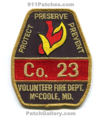 McCoole Volunteer Fire Department Company 23 Patch (Maryland)
Scan By: PatchGallery.com
Keywords: vol. dept. co. protect preserve prevent