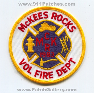 McKees Rocks Volunteer Fire Department Patch (Pennsylvania)
Scan By: PatchGallery.com
Keywords: mckr vol. dept. 1983
