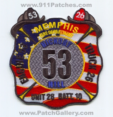 Memphis Fire Department Engine 53 Truck 26 Unit 28 Battalion 10 Patch (Tennessee)
Scan By: PatchGallery.com
Keywords: dept. mfd m.f.d. company co. station batt. chief hickory hill