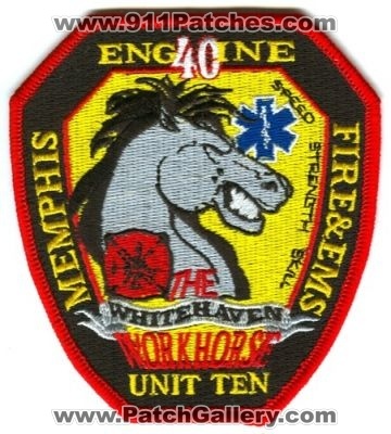 Memphis Fire Department Engine 40 Unit 10 Patch (Tennessee)
Scan By: PatchGallery.com
Keywords: dept. mfd company co. station ten & and ems the whitehaven workhorse