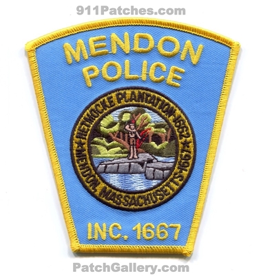 Mendon Police Department Patch (Massachusetts)
Scan By: PatchGallery.com
Keywords: dept. netmocke plantation 1662 inc. 1667