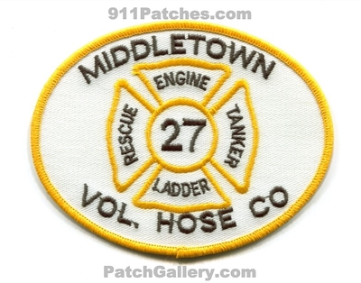 Middletown Volunteer Hose Company 27 Fire Department Patch (Delaware)
Scan By: PatchGallery.com
Keywords: vol. co. dept. engine ladder rescue tanker co. station